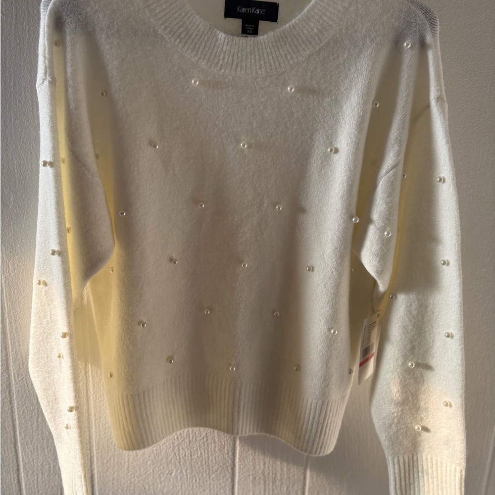 Karen Kane Cream Crewneck Sweater with Pearl Accents